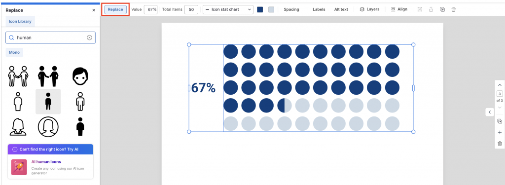 Top menu bar to replace icon in a pictogram chart in Venngage
